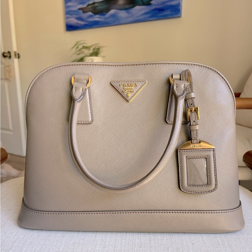 AUTHENTIC Prada saffiano lux dome satchel handbag gray argilla